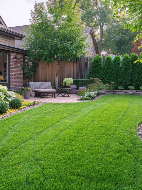 A backyard featuring well-maintained lawn and landscaping with various plants and trees. AI Generative