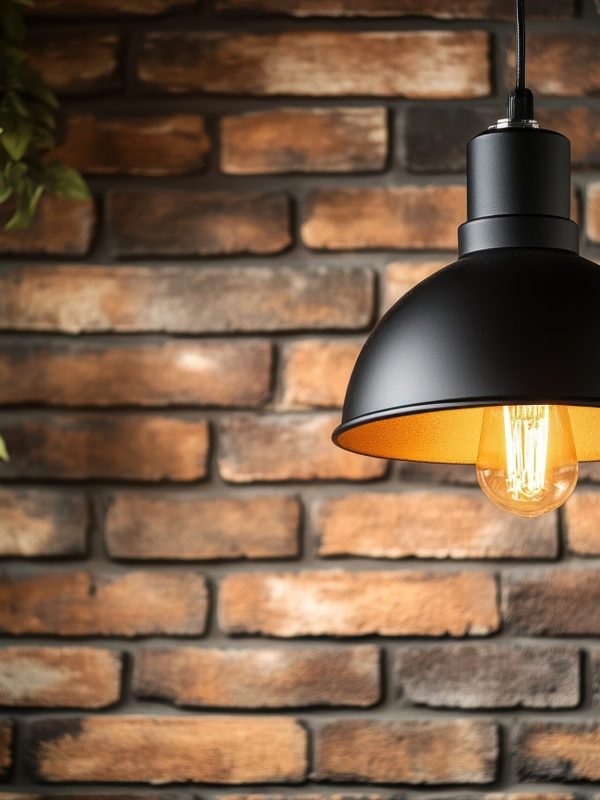 A stylish black pendant light hangs from the ceiling, casting warm illumination onto an exposed brick wall. Green leaves creep along the wall, creating a cozy atmosphere in the space.